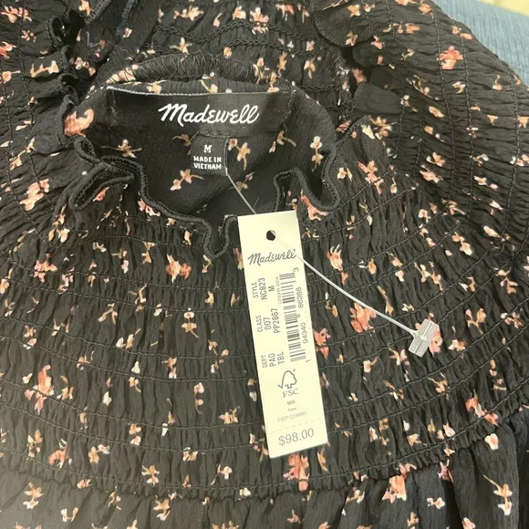 Madewell‎ Black Floral Smocked-Neck Ruffle Top in Stem Scatter size M NWT - Picture 5 of 11